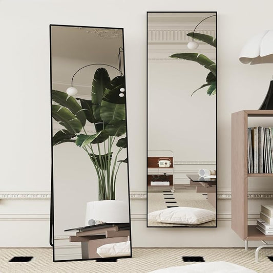 Beauty4U 59" x 16" Full Length Mirror with Stand & Wall Mount, HD Tempered Glass Full Body Mirror for Bedroom, Living Room, Dressing Room, Black Aluminum Frame