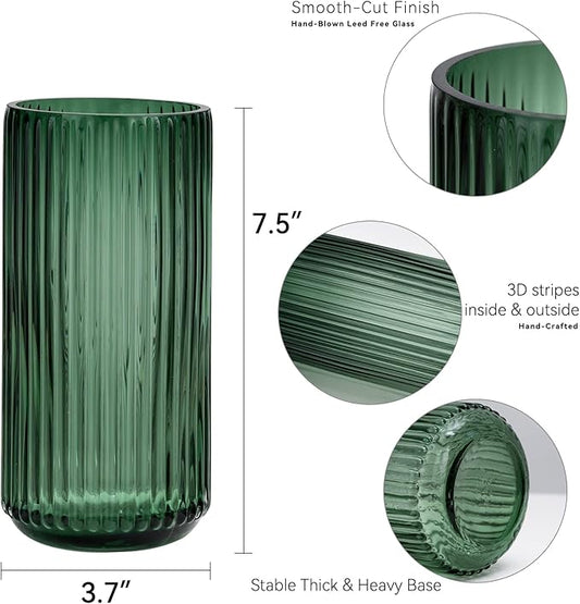 TIMEFOTO Flower Vase 7.5 inch Green Thickened Glass Vase for Bookshelf,Dinner Table,Indoor Office Desktop,Meeting Room,Bathroom,Countertop,Home Christmas Day Decoration