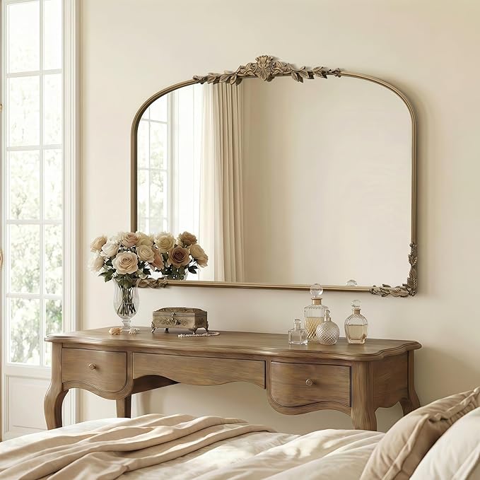 Besdomus Large Gold Wall Mirror: 48"x33" Baroque Vintage Fireplace Arched Mirror - Traditional Ornate Antique for Bedroom/Entryway/Bathroom/Vanity/Living Room - Ideal for Fashion-Conscious