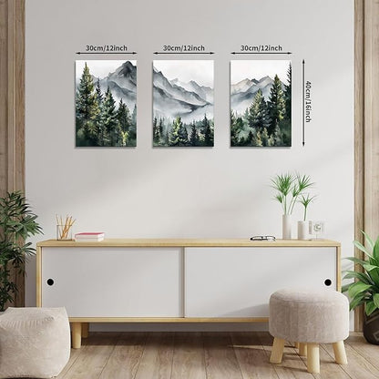WANGTIAO 3 Panels Framed Canvas Wall Art for Living Room, Abstract Mountain Forest Views Ink Wall Decor for Dedroom Office Wall Paintings Green Landscape Art Prints Pictures Ready to Hang 16"x24"x3