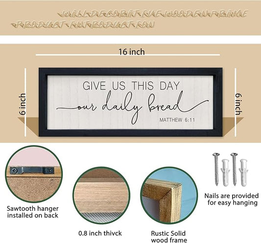 comurdyo Kitchen Simple Wall Decor Give Us This Day Our Daily Bread Sign 16"x6" Bible Verse Quotes Plaque Matthew 6:11 Christian Religious Praye Rustic Farmhouse Dining Room Wall Hanging (Black)