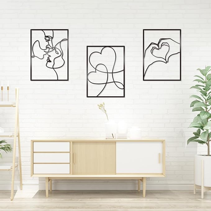 KOYILTD 3 Pcs Metal Minimalist Wall Art Love Wall Decor Metal Line Wall Art Bedroom Decor for Couples Love Decoration for Bedroom Living Room Bathroom Valentine's Day Decoration (Black)