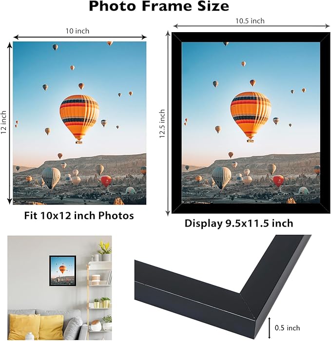 JCJMY 10x12 Black Picture Frame Set of 6, Horizontal and Vertical Formats for Wall Hanging, 10 x 12 Wall Gallery Poster Photo Frames with Shatter Resistant Plexiglass, 6 Pack, Black