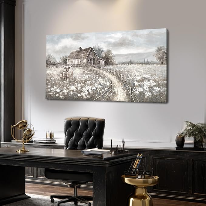 Highland Cow Canvas Wall Art, Neutral Landscape – Rustic Country Cottage with Beige Meadow Flowers, Large Framed Canvas, Ready to Hang, 24x48 Inches