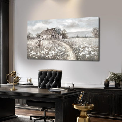 Highland Cow Canvas Wall Art, Neutral Landscape – Rustic Country Cottage with Beige Meadow Flowers, Large Framed Canvas, Ready to Hang, 24x48 Inches