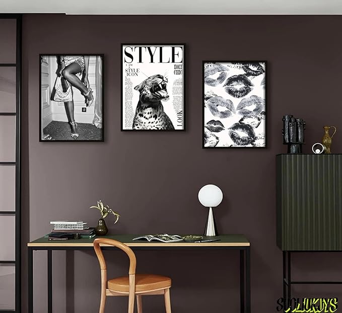3Pcs Trendy Black and White Leopard Canvas Wall Art Vintage Newspeper Cheetah Wall Decor Fashion Girl Poster Heels Lips Picture Luxury Feminist Painting Print Poster Artwork for Apartment Dorm 24x16in Unframe
