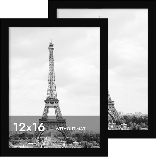 iRahmen 12x16 Picture Frame with Plexiglass - Wooden Poster Frame for Photo Wall Gallery Mounting (Pure Black, Set of 2)