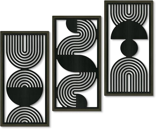 Putuo Decor Modern Minimalist Wall Art Set of 3, Black and Gray MDF Cut-Out Geometric Line Panels, Abstract Vertical Art for Living Room Bedroom Office Wall Decor