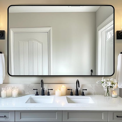 Antok 55x30 Black Metal Framed Bathroom Mirror,Wall Mirror with Round Corners, Vanity Mirror for Over Sink, Anti-Rust Tempered Glass, Horizontal/Vertical Hanging for Bathroom, Living Room, Entryway