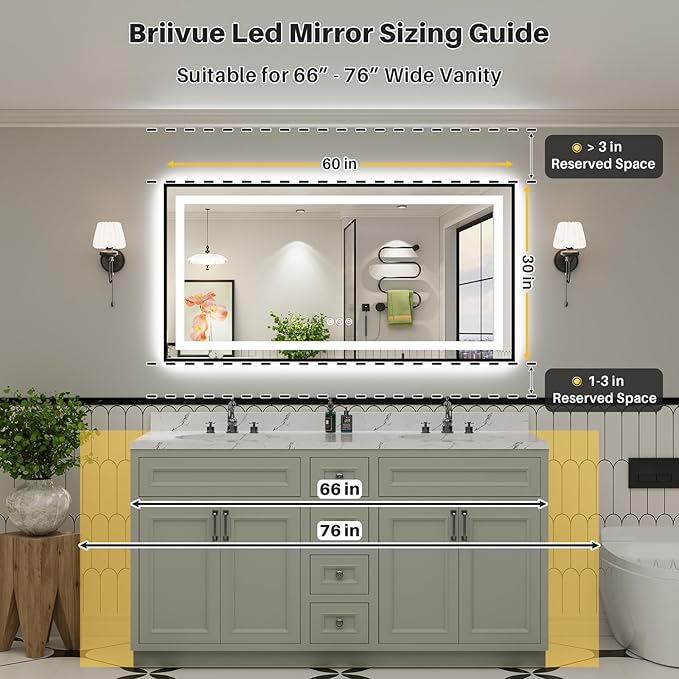 60x30 Inch LED Bathroom Mirror with Black Frame, Backlit & Front Lit, Anti-Fog Lighted Bathroom Vanity Mirror for Wall, Memory Function, Dimmable, HD Tempered Glass, Shatter-Proof