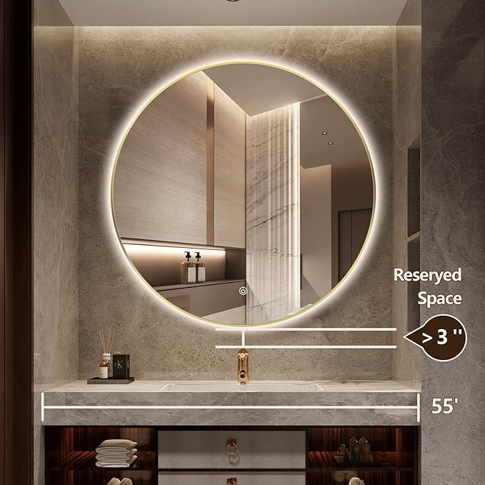 48" Round LED Bathroom Mirror, Wall Mounted Round Backlit Mirror LED Bathroom Vanity Mirror with Light Fog Free Circle Lighted Mirror with Shiny Gold Frame, Smart Light up Mirror 3-Color