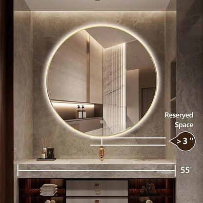 48" Round LED Bathroom Mirror, Wall Mounted Round Backlit Mirror LED Bathroom Vanity Mirror with Light Fog Free Circle Lighted Mirror with Shiny Gold Frame, Smart Light up Mirror 3-Color