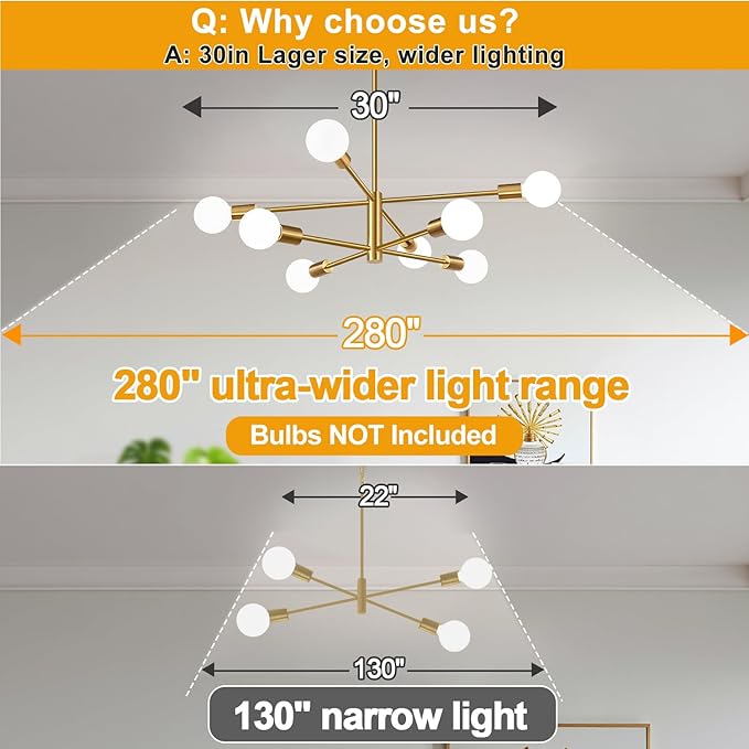 10.9"-52.3" Height Adjustable Modern Chandelier Ceiling Light Fixture, 8-Light Sputnik Chandeliers Brushed Gold Mid Century Chandelier Over Table, Chandeliers for Dining Room (Bulbs Not Included)