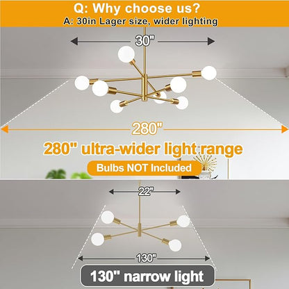 10.9"-52.3" Height Adjustable Modern Chandelier Ceiling Light Fixture, 8-Light Sputnik Chandeliers Brushed Gold Mid Century Chandelier Over Table, Chandeliers for Dining Room (Bulbs Not Included)