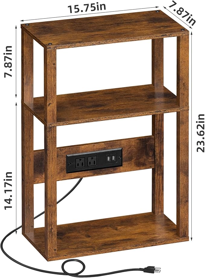 YUFAM 3-Tier Small Narrow Wood Side Table Set of 2 with Charging Station - Skinny Nightstand for Small Spaces, Slim Bedside Table with USB Ports and Outlets - Thin End Table with Storage, Brown