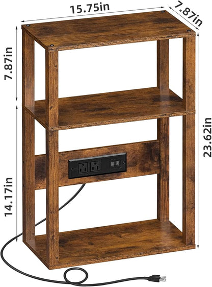 YUFAM 3-Tier Small Narrow Wood Side Table with Charging Station, Skinny Nightstand for Small Space, Slim Bedside Table with Storage for Couch, Thin End Table with USB Ports and Outlets, Rustic Brown
