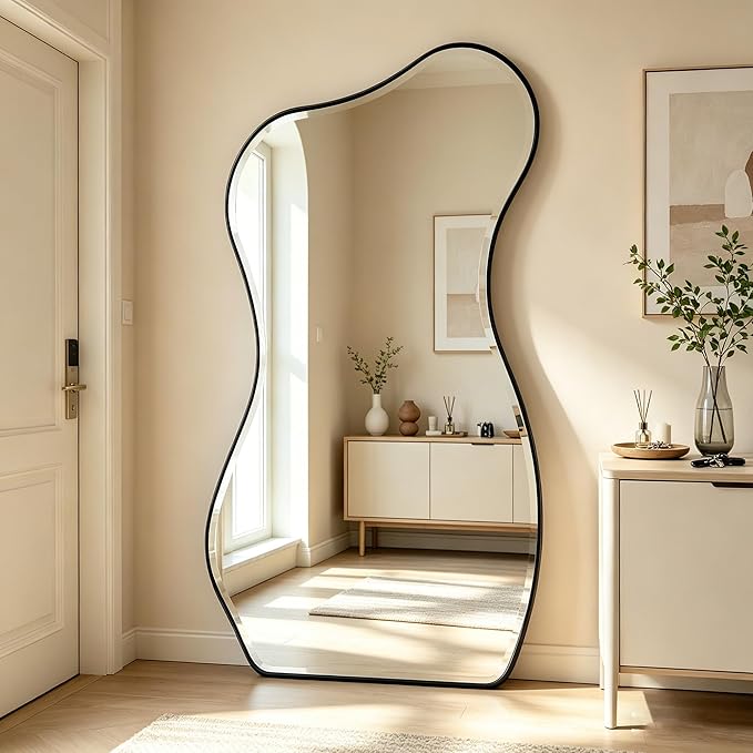 POZINO Large Irregular Beveled Mirror, 66.8"x33.5" Asymmetrical Full Length Mirror with Metal Frame, Premium Organic Aesthetic Floor Mirrors for Living Room Entryway Cloakroom, Leaning/Wall-Mount