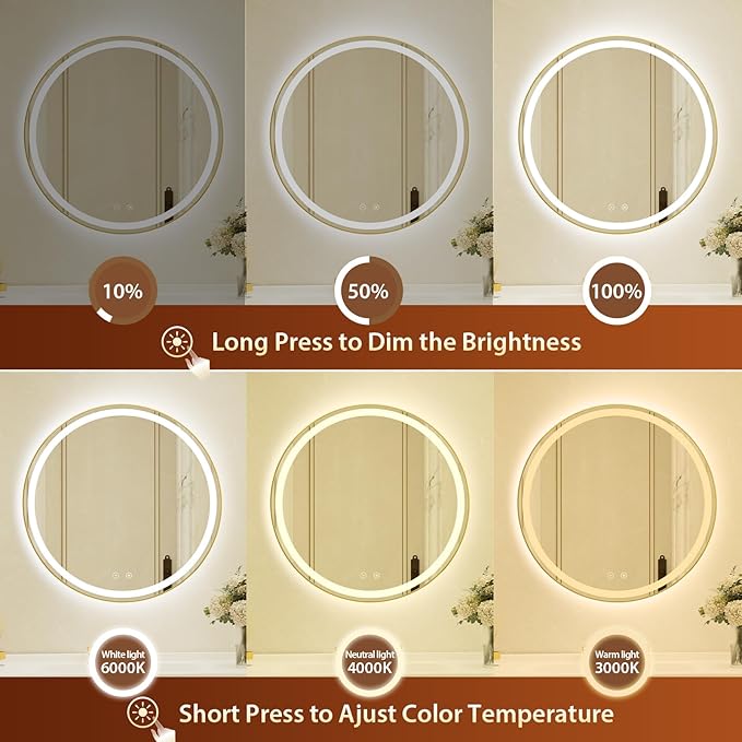 30 Inch Round Gold Framed LED Bathroom Mirror with Lights,Wall-Mounted Lighted Bathroom with 3 Colors Brightness,Anti-Fog,Dimmable Brightness, Waterproof, Tempered Glass, Frontlit & Backlit