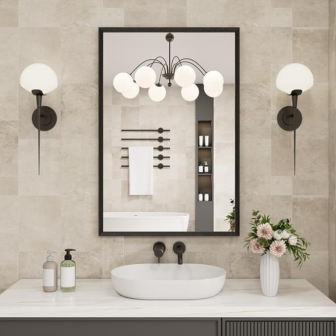 JISOSO Bathroom Vanity Mirror 24x36 Inch, Matte Black Rectangle Bathroom Mirror, Anti-Rust, 4MM Tempered Glass, Wall-Mounted Mirror, Hangs Horizontally or Vertically for Bathroom & Bedroom