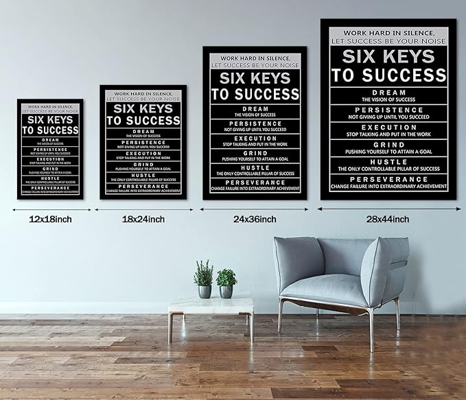 Six Keys to Success Motivational Framed Office Art Execution Grind Hustle Verbs Artwork Inspirational Gift for Men Easy to Hang-18 inch x 24 inch