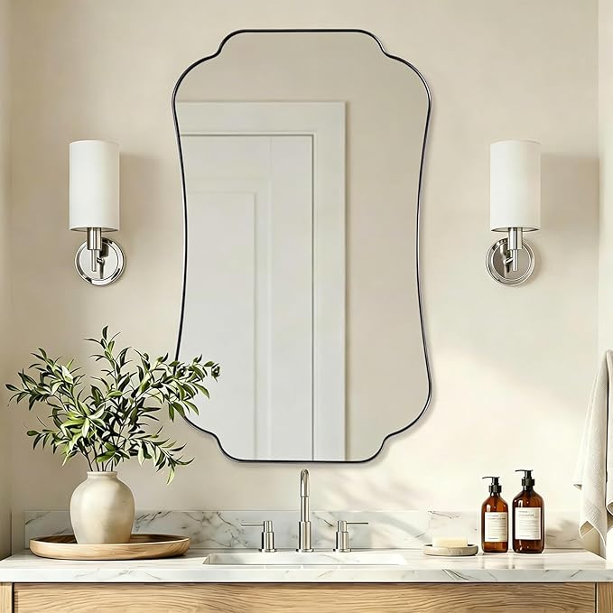 ANDY STAR 24"x40" Chrome Mirror, Scalloped Bathroom Wall Mirror in Anti-Rust Stainless Steel Metal Frame 1’’ Deep, Hangs Vertically/Horizontally