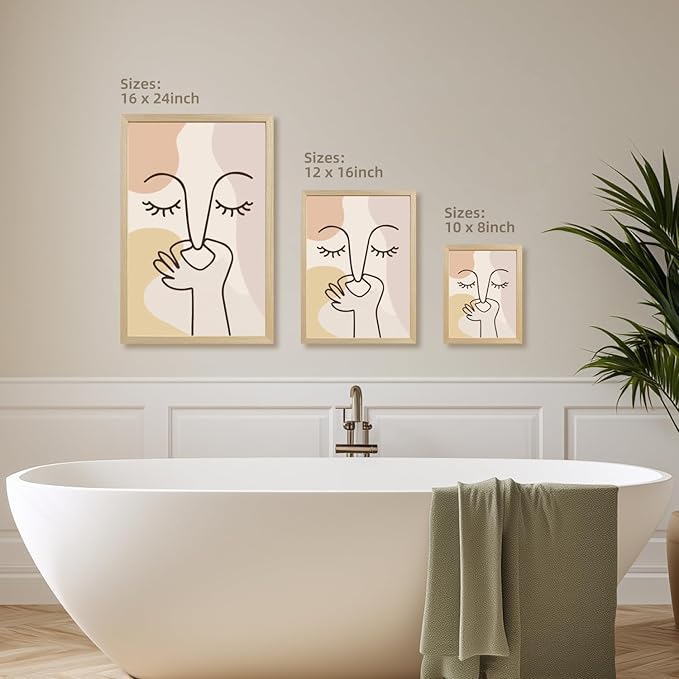 Cyebmo Boho Funny Bathroom Wall Art, Abstract Minimalist Face Line Art Wall Decor, Neutral Aesthetic Art Print, Modern Beige Poster Painting for Bedroom Living Room Wood Framed 8x10 Inch