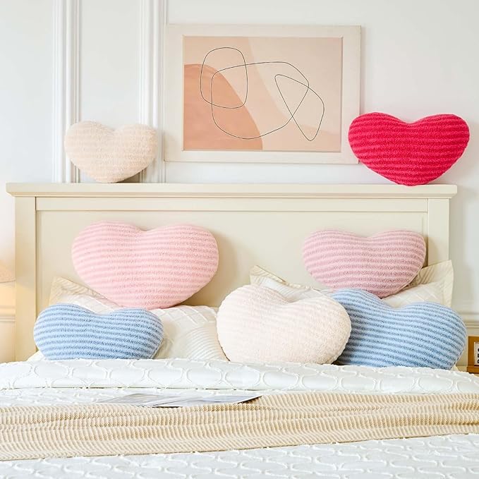 XVTRU Dusty Pink Heart Pillows, 19.6" Cute Heart Decorative Pillow, Stripe Heart Shaped Plush Throw Pillows for Bed
