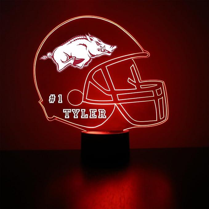 Custom University of Arkansas (UA) Razorbacks Football Helmet LED Sign Night Light Lamp with Remote, Personalized Name, Text, Officially Licensed from The CLC by Mirror Magic Gifts, Made in The USA