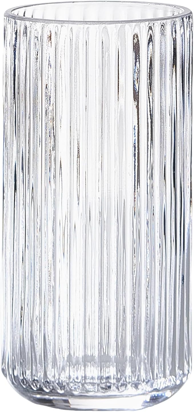Clear Glass Flower Vase for Pampas Grass, 7.5 inch Medium Decorative Centerpiece Ribbed Vase for Dining Table, Office Desktop, Shelf Bookshelf, Mantel, Entryway, Bathroom, Countertop, Farmhouse, Gift