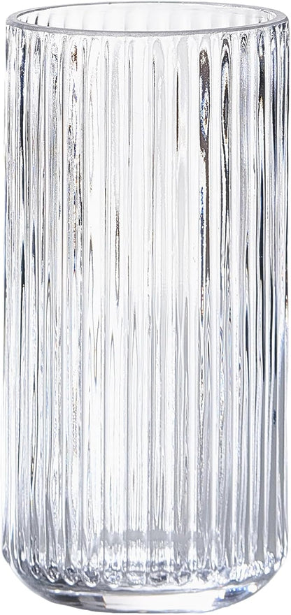 Clear Glass Flower Vase for Pampas Grass, 7.5 inch Medium Decorative Centerpiece Ribbed Vase for Dining Table, Office Desktop, Shelf Bookshelf, Mantel, Entryway, Bathroom, Countertop, Farmhouse, Gift