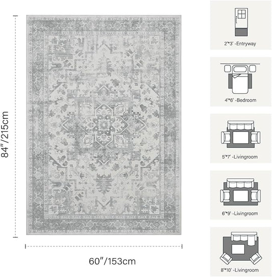 Rugxara 5X7 Washable Area Rug for Living Room, Neutral Vintage Large Boho Rugs for Office, Dining Room, Kids Room, Farmhouse, Durable Low Pile Non Slip Carpet for High Traffic Areas, Light Grey