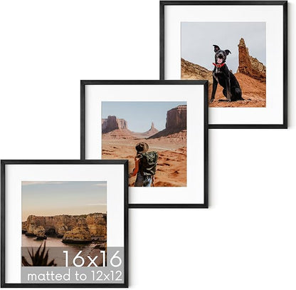 HAUS AND HUES 16x16 Black Metal Picture Frames Matted to 12x12 - Features Premium Aluminum & Hanging Hardware, Shatterproof Plexiglass - Ideal for Home, Room, Office (16x16 in, Black, Set of 3)