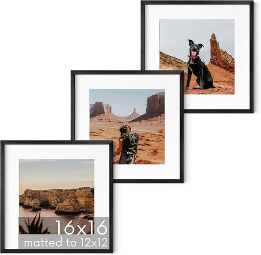 HAUS AND HUES 16x16 Black Metal Picture Frames Matted to 12x12 - Features Premium Aluminum & Hanging Hardware, Shatterproof Plexiglass - Ideal for Home, Room, Office (16x16 in, Black, Set of 3)