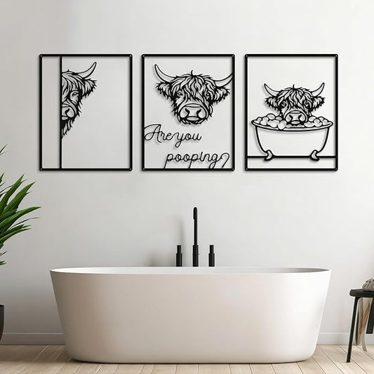 Otoolling 3 Pieces Metal Minimalist Line Kitchen Signs Wall Decor Drawing Rustic Bathroom Wall Art for Dining Living Room Bathroom Home, 14 x 11 Inches(Highland Cow,Black)