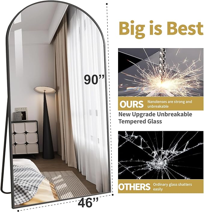 DMWOODFL 46"x90" Extra Large Arched Full Length Black Mirror - Aluminum Alloy Frame, Standing/Leaning/Wall Mounted, Modern Home Decor for Bedroom, Living Room, Cloakroom