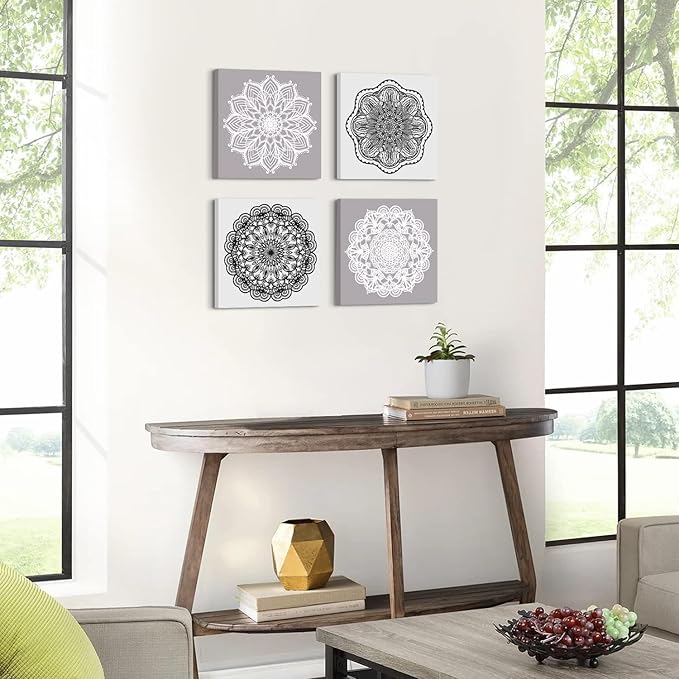Mandala Wall Art Living Room Boho Wall Decor for Bedroom Mid Century Modern Picture Prints Abstract Lotus Flowers Canvas Paintings Grey White Minimalist Artwork Bathroom Home Decoration 12x12" 4PCs