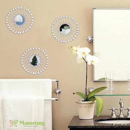 Silver Mirrors 3 PCE, 9 inchSunburst Mirror Hanging Wall Decor, Valentine Decorative Mirror Wall Art, Round Mirrors for Bedroom Living Room Bathroom Kitchen, Warming Valentine Gifts
