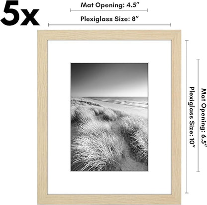 Americanflat 8x10 Picture Frame with Plexiglass - Set of 5 - Use as 5x7 Frame with Mat or Display 8x10 Photo Without Mat - Galleria Collection - Picture Frames for Tabletop or Wall - Natural Oak