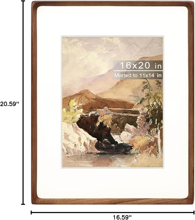 16x20 Picture Frame with Mat for 11x14, Natural Walnut Wood Handcrafted Rounded Corner with Plexiglass, Vertical or Horizontal Display Photo Gallery Poster Wall Mounting Frame