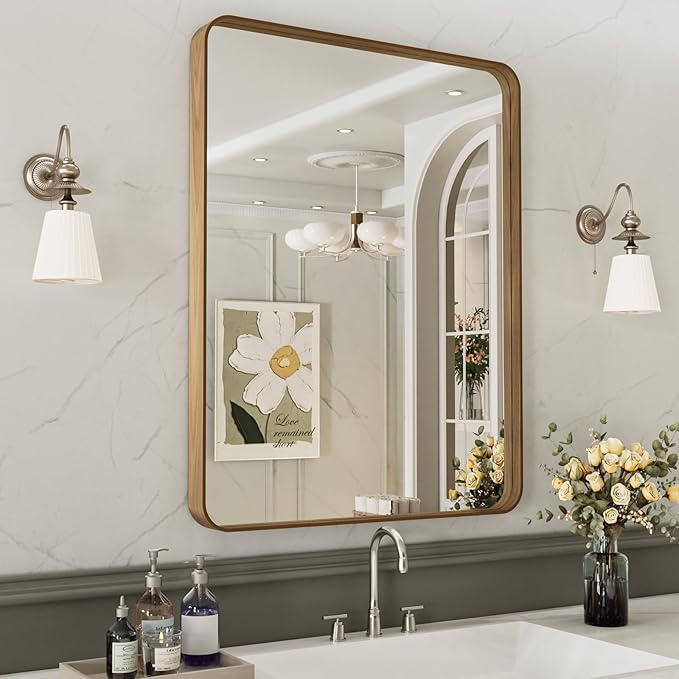 LOAAO 22X30 Inch Bathroom Mirror with Wood Grain Colored Metal Frame, Rounded Rectangle Metal Framed Bathroom Mirror, Anti-Rust, Hangs Horizontally or Vertically