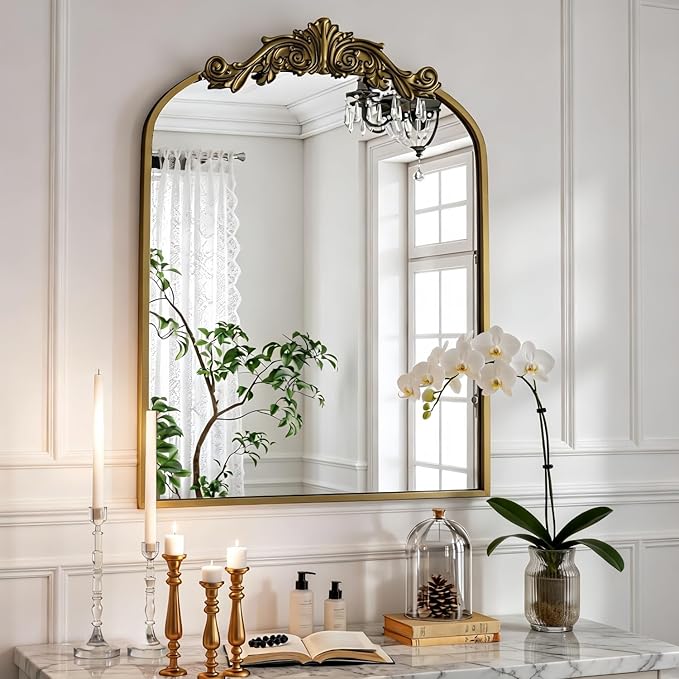 Dewfig Antique Arched Wall Mirror, 22"x30" Vintage Bronze Bathroom Mirror - Baroque Metal Frame Brass Mirror for Living Room, Bathroom, Fireplace, Entryway, Bronze