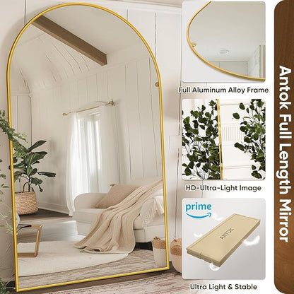 Antok Arched Full Length Mirror, 76"x44" Gold Metal Frame Floor Mirror for Bedroom Living Room, Freestanding/Wall Mount/Leaning