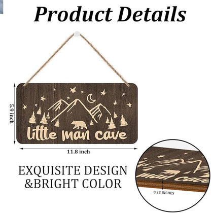 Little Man Cave Sign Door Wall Art Decor, Mountain Forest Bear Pattern Vintage Wooden Wall Decoration, Rustic Brown Hanging Sign for Bedroom Living Room Front Door