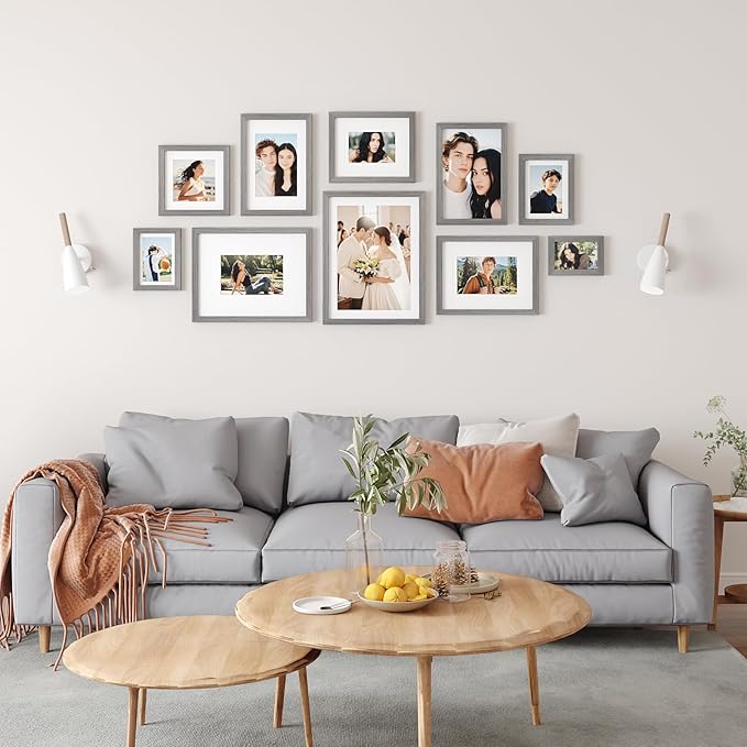 Egofine 8x8 Picture Frames Made of Solid Wood with Plexiglass, Display Pictures 4x4/6x6 with Mat or 8x8 Without Mat Set of 4 for Tabletop and Wall Mounting, Light Grey