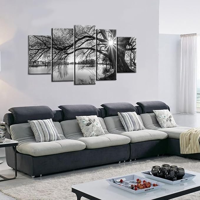 sechars - 5 Pieces Wall Art Old Tree by Lake Picture Canvas Prints Sunrise Painting Black and White Landscape Canvas Art Modern Wall Decoration Framed and Ready to Hang