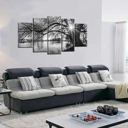 sechars - 5 Pieces Wall Art Old Tree by Lake Picture Canvas Prints Sunrise Painting Black and White Landscape Canvas Art Modern Wall Decoration Framed and Ready to Hang