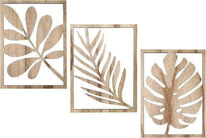3PCS Wall Art Decor Leaf Sign Walls Vintage Tropical Plant Wall Rustic Palm Leaf, Wood Decorative Board, Rustic Wall Panel for Living Room/Bedroom, Solid Wood Backdrop for Shelves & Home Decoration(Khaki，Style2)