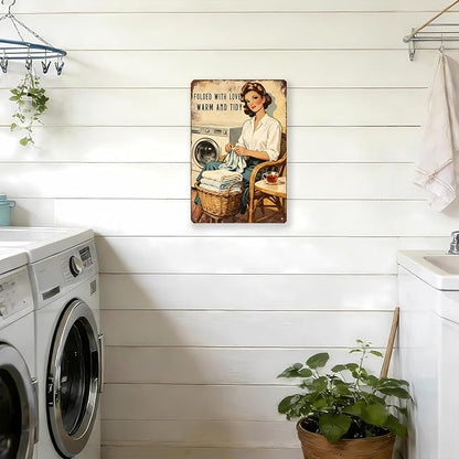Funny Laundry Sign Vintage Tin Plaque Folded With Love Warm And Tidy Wall Art Laundry Room Decor Rustic Farmhouse Home Gift 16x12 Inch