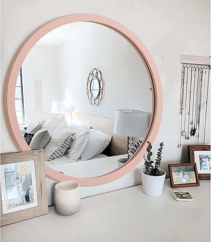 JJUUYOU Round Wall Mirror Circle Mirror Vintage Wood Frame Mounted Mirrors for Wall Bathroom Living Room Bedroom Dormitory Washroom Mirrors,Pink