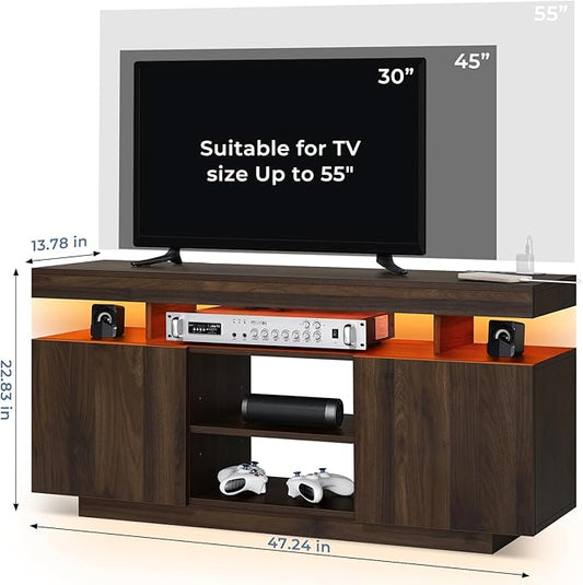 HOMMPA LED TV Stand for 55/50/43/40/32 Inch Modern Entertainment Center with Power Outlets, Gaming Consoles Storage, Media Table with LED Lights, Game Cabinet for Living Room Walnut